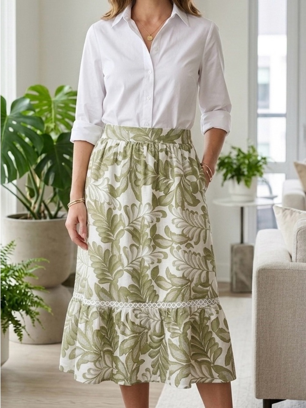 NWT Mlle Gabrielle Green White Tropical Leaf Maxi Skirt XL Tiered Boho